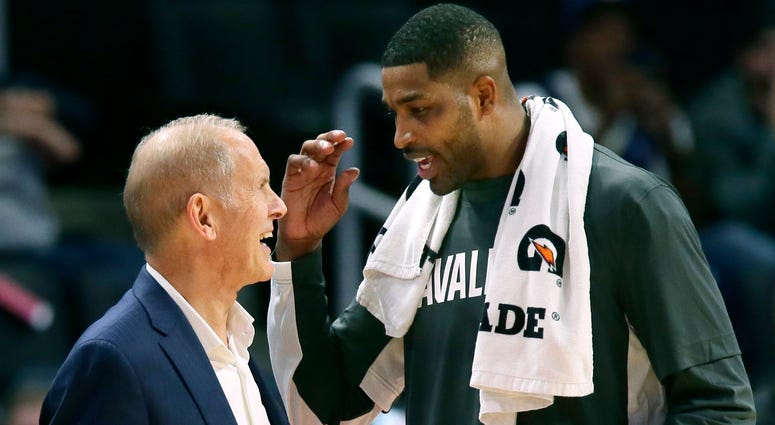 Cleveland Cavaliers head coach John Beilein, left, talks center Tristan Thompson during the first half of an NBA preseason basketball game against the Detroit Pistons, Friday, Oct. 11, 2019, in Detroit.