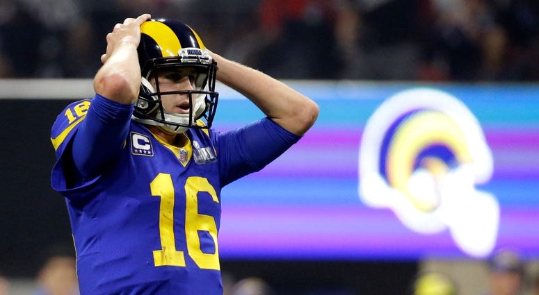 Los Angeles Rams' Jared Goff (16) reacts after his pass was intercepted during the second half of the NFL Super Bowl 53 football game against the New England Patriots, Sunday, Feb. 3, 2019, in Atlanta.
