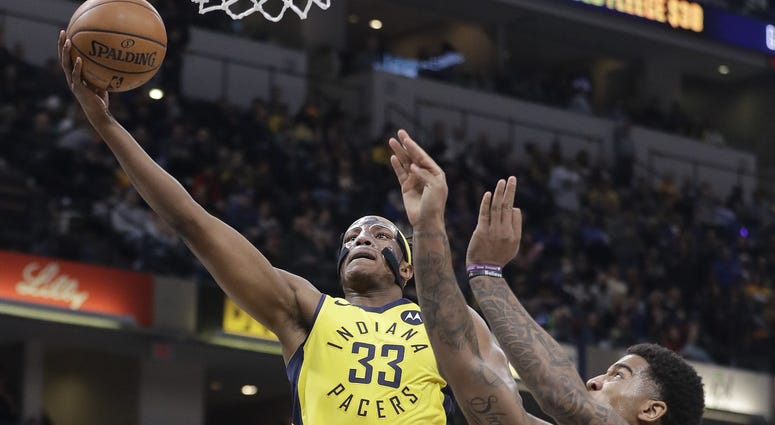 Indiana Pacers Myles Turner goes up to shoot against Cleveland Cavaliers Marquese Chriss during the first half of an NBA basketball game Saturday Feb 9 2019 in Indianapolis. Indiana Pacers Myles Turner goes up to shoot against Cleveland Cavaliers Marquese Chriss during the first half of an NBA basketball game Saturday Feb 9 2019 in Indianapolis.