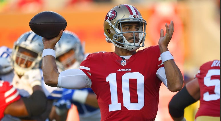SANTA CLARA, CA - AUGUST 09: Jimmy Garoppolo #10 of the San Francisco 49ers drops back to pass against the Dallas Cowboys in the first quarter of their NFL preseason football game at Levi's Stadium on August 9, 2018 in Santa Clara, California. (Photo by T SANTA CLARA, CA - AUGUST 09: Jimmy Garoppolo #10 of the San Francisco 49ers drops back to pass against the Dallas Cowboys in the first quarter of their NFL preseason football game at Levi's Stadium on August 9, 2018 in Santa Clara, California. (Photo by T
