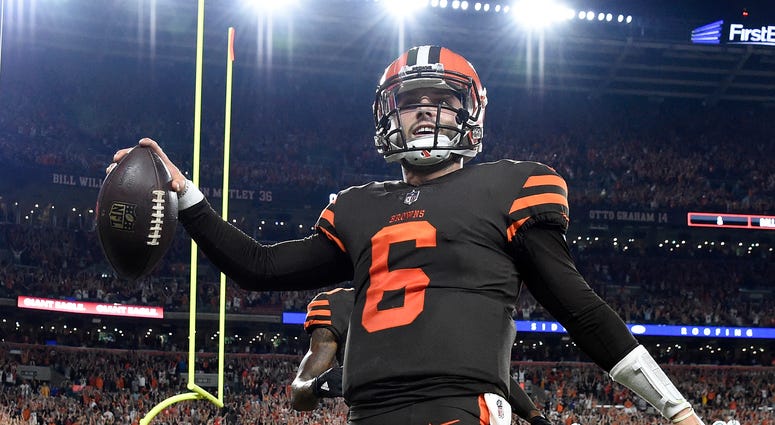 CLEVELAND, OH - SEPTEMBER 20: Baker Mayfield #6 of the Cleveland Browns celebrates after making a catch on a two-point conversion attempt during the third quarter against the New York Jets at FirstEnergy Stadium on September 20, 2018 in Cleveland, Ohio.