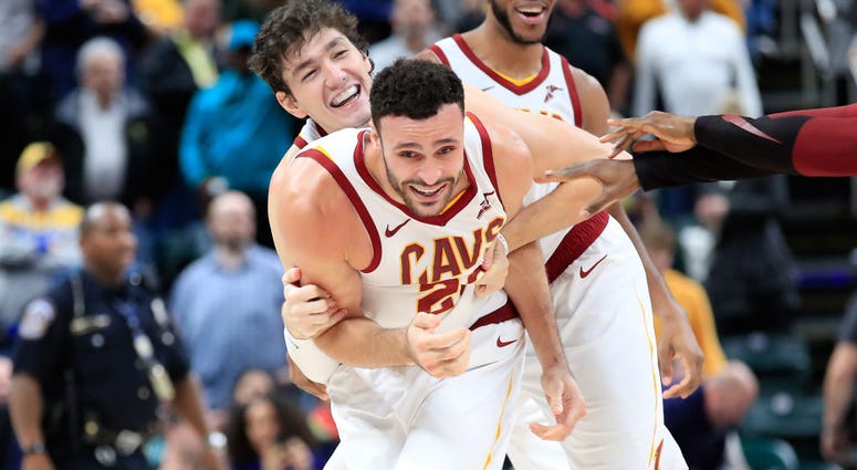 DECEMBER 18: Larry Nance Jr. #22 of the Cleveland Cavaliers celebrates with Cedi Osman #16 after making the game winning basket in the 92-91 win against the Indiana Pacers at Bankers Life Fieldhouse on December 18, 2018 in Indianapolis, Indiana. (Photo by DECEMBER 18: Larry Nance Jr. #22 of the Cleveland Cavaliers celebrates with Cedi Osman #16 after making the game winning basket in the 92-91 win against the Indiana Pacers at Bankers Life Fieldhouse on December 18, 2018 in Indianapolis, Indiana. (Photo by