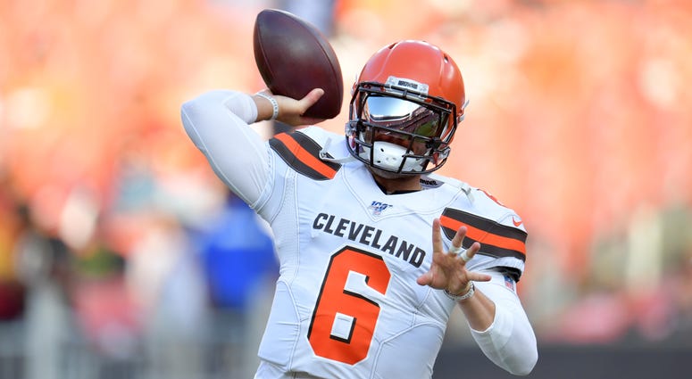 CLEVELAND, OHIO - AUGUST 08: Quarterback Baker Mayfield #6 of the Cleveland Browns warms up prior to a preseason game against the Washington Redskins at FirstEnergy Stadium on August 08, 2019 in Cleveland, Ohio. Cleveland Browns quarterback Baker Mayfield