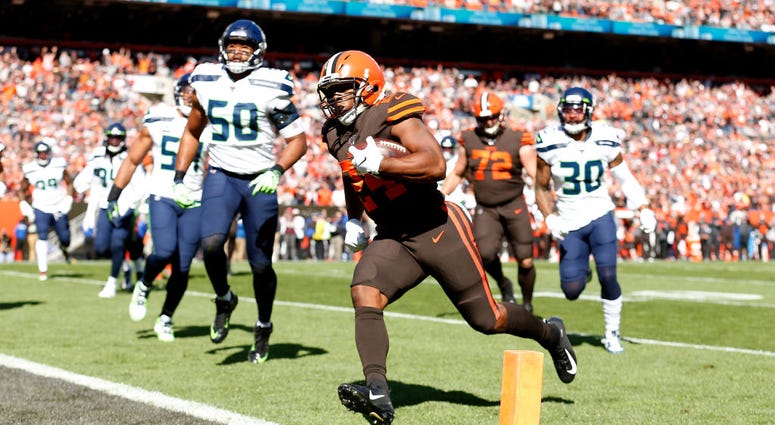 Nick Chubb scores a touchdown against the Seahawks in the first quarter of Sunday's game Nick Chubb scores a touchdown against the Seahawks in the first quarter of Sunday's game