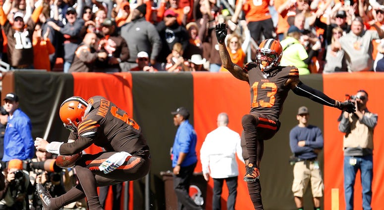 CLEVELAND, OH - OCTOBER 13: Baker Mayfield #6 of the Cleveland Browns and Odell Beckham Jr. #13 celebrate after Mayfield scores touchdown during the first quarter of the game against the Seattle Seahawks at FirstEnergy Stadium on October 13, 2019 in Cleve CLEVELAND, OH - OCTOBER 13: Baker Mayfield #6 of the Cleveland Browns and Odell Beckham Jr. #13 celebrate after Mayfield scores touchdown during the first quarter of the game against the Seattle Seahawks at FirstEnergy Stadium on October 13, 2019 in Cleve