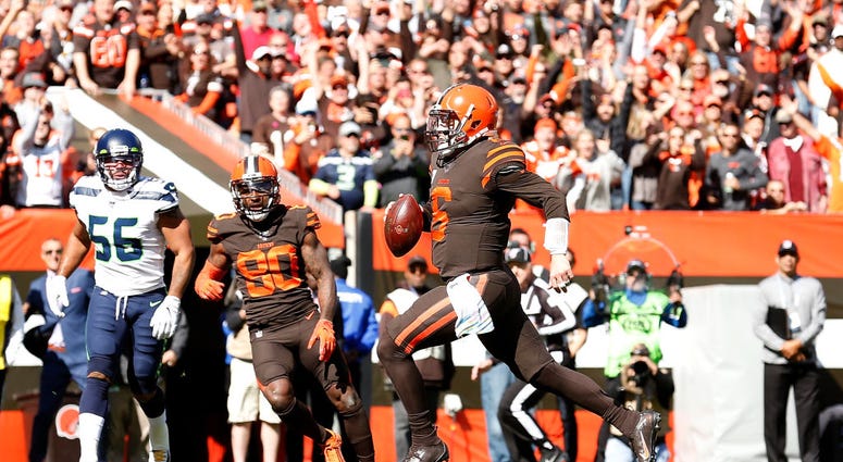 CLEVELAND, OH - OCTOBER 13: Baker Mayfield #6 of the Cleveland Browns scores a touchdown during the first quarter of the game against the Seattle Seahawks at FirstEnergy Stadium on October 13, 2019 in Cleveland, Ohio. (Photo by Kirk Irwin/Getty Images) CLEVELAND, OH - OCTOBER 13: Baker Mayfield #6 of the Cleveland Browns scores a touchdown during the first quarter of the game against the Seattle Seahawks at FirstEnergy Stadium on October 13, 2019 in Cleveland, Ohio. (Photo by Kirk Irwin/Getty Images)