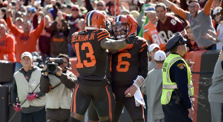 CLEVELAND, OHIO - OCTOBER 13: Odell Beckham #13 celebrates with Baker Mayfield #6 of the Cleveland Browns after Mayfield ran in a touchdown during the first quarter against the Seattle Seahawks at FirstEnergy Stadium on October 13, 2019 in Cleveland, Ohio CLEVELAND, OHIO - OCTOBER 13: Odell Beckham #13 celebrates with Baker Mayfield #6 of the Cleveland Browns after Mayfield ran in a touchdown during the first quarter against the Seattle Seahawks at FirstEnergy Stadium on October 13, 2019 in Cleveland, Ohio