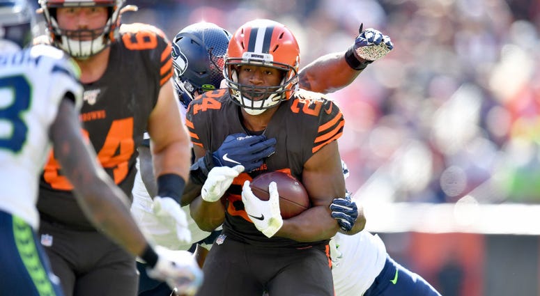 CLEVELAND, OHIO - OCTOBER 13: Nick Chubb #24 of the Cleveland Browns runs for a gain during the second quarter against the Seattle Seahawks at FirstEnergy Stadium on October 13, 2019 in Cleveland, Ohio. (Photo by Jason Miller/Getty Images) CLEVELAND, OHIO - OCTOBER 13: Nick Chubb #24 of the Cleveland Browns runs for a gain during the second quarter against the Seattle Seahawks at FirstEnergy Stadium on October 13, 2019 in Cleveland, Ohio. (Photo by Jason Miller/Getty Images)