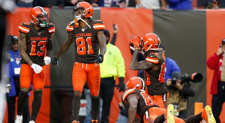 CLEVELAND, OH - NOVEMBER 10: Rashard Higgins #81 of the Cleveland Browns celebrates after catching the game winning touchdown during the fourth quarter of the game against the Buffalo Bills at FirstEnergy Stadium on November 10, 2019 in Cleveland, Ohio. C CLEVELAND, OH - NOVEMBER 10: Rashard Higgins #81 of the Cleveland Browns celebrates after catching the game winning touchdown during the fourth quarter of the game against the Buffalo Bills at FirstEnergy Stadium on November 10, 2019 in Cleveland, Ohio. C