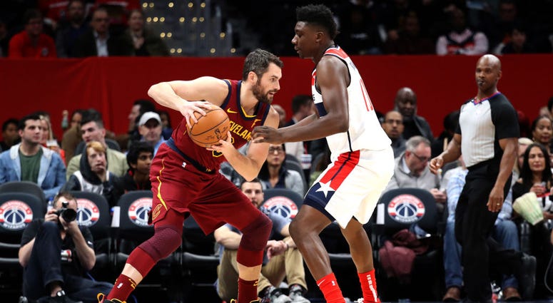 WASHINGTON, DC - NOVEMBER 08: Kevin Love #0 of the Cleveland Cavaliers drives against Thomas Bryant #13 of the Washington Wizards in the first half at Capital One Arena on November 08, 2019 in Washington, DC. WASHINGTON, DC - NOVEMBER 08: Kevin Love #0 of the Cleveland Cavaliers drives against Thomas Bryant #13 of the Washington Wizards in the first half at Capital One Arena on November 08, 2019 in Washington, DC.