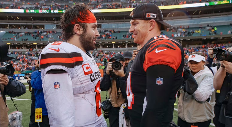 Baker Mayfield #6 of the Cleveland Browns and Andy Dalton #14 of the Cincinnati Bengals speak following the game at Paul Brown Stadium on December 29, 2019 in Cincinnati, Ohio. (Photo by Michael Hickey/Getty Images) Baker Mayfield #6 of the Cleveland Browns and Andy Dalton #14 of the Cincinnati Bengals speak following the game at Paul Brown Stadium on December 29, 2019 in Cincinnati, Ohio. (Photo by Michael Hickey/Getty Images)