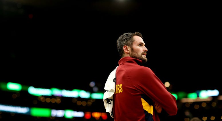 BOSTON, MASSACHUSETTS - DECEMBER 09: Kevin Love #0 of the Cleveland Cavaliers looks on during a timeout during the first half of the game against the Boston Celtics at TD Garden on December 09, 2019 in Boston, Massachusetts. (Photo by Maddie Meyer/Getty I