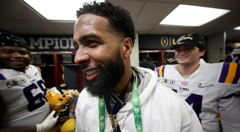 Odell Beckham Jr. celebrates in the locker room the LSU Tigers after their 42-25 win over Clemson Tigers in the College Football Playoff National Championship game at Mercedes Benz Superdome on January 13, 2020 in New Orleans, Louisiana. Odell Beckham Jr. LSU celebration