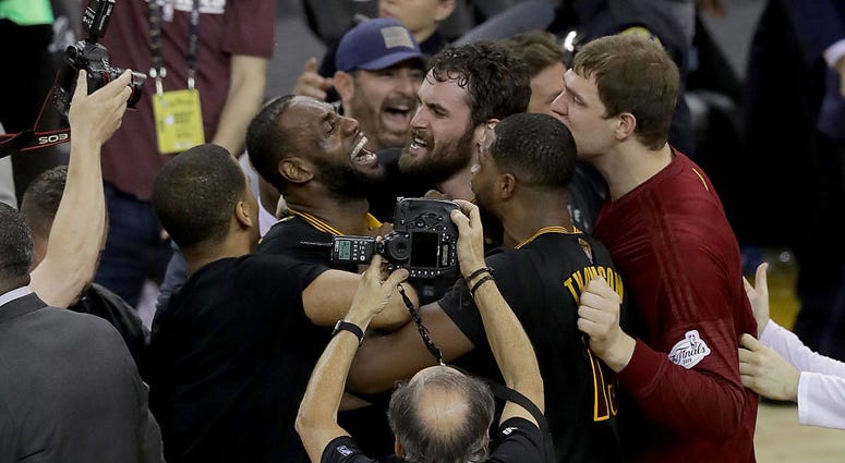OAKLAND, CA - JUNE 19: LeBron James #23 and Kevin Love #0 and the Cleveland Cavaliers celebrate after defeating the Golden State Warriors 93-89 in Game 7 of the 2016 NBA Finals at ORACLE Arena on June 19, 2016 in Oakland, California. NOTE TO USER: User ex OAKLAND, CA - JUNE 19: LeBron James #23 and Kevin Love #0 and the Cleveland Cavaliers celebrate after defeating the Golden State Warriors 93-89 in Game 7 of the 2016 NBA Finals at ORACLE Arena on June 19, 2016 in Oakland, California. NOTE TO USER: User ex