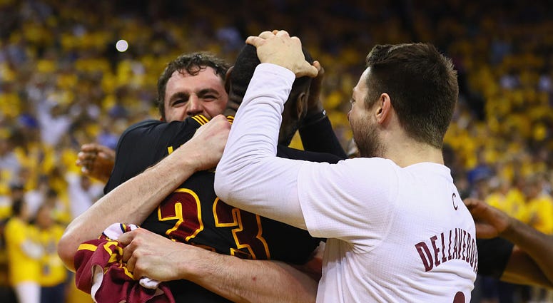 OAKLAND, CA - JUNE 19: LeBron James #23, Kevin Love #0, and Matthew Dellavedova #8 of the Cleveland Cavaliers celebrate after defeating the Golden State Warriors 93-89 in Game 7 of the 2016 NBA Finals at ORACLE Arena on June 19, 2016 in Oakland, Californi OAKLAND, CA - JUNE 19: LeBron James #23, Kevin Love #0, and Matthew Dellavedova #8 of the Cleveland Cavaliers celebrate after defeating the Golden State Warriors 93-89 in Game 7 of the 2016 NBA Finals at ORACLE Arena on June 19, 2016 in Oakland, Californi