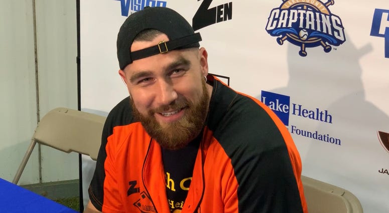 Chiefs tight end and Cleveland Heights native Travis Kelce speaks prior to Jarvis Landry's celebrity softball game at Classic Park on June 15, 2019.