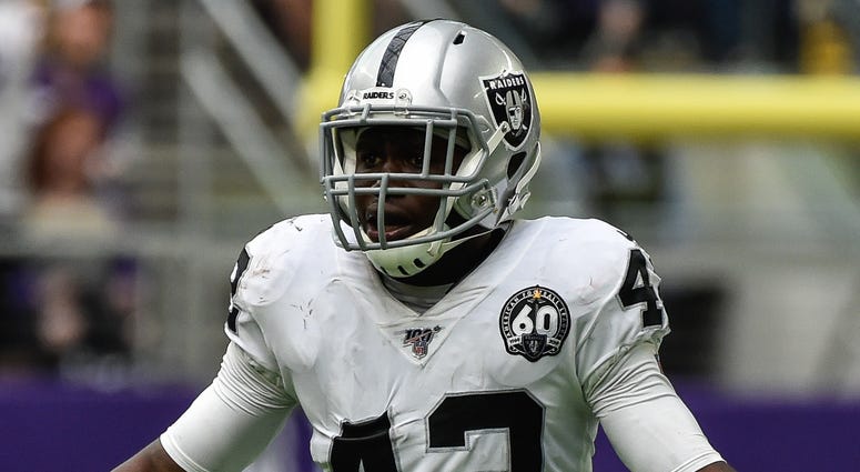 Sep 22, 2019; Minneapolis, MN, USA; Oakland Raiders free safety Karl Joseph (42) in action against the Minnesota Vikings at U.S. Bank Stadium. Cleveland Browns safety Karl Joseph