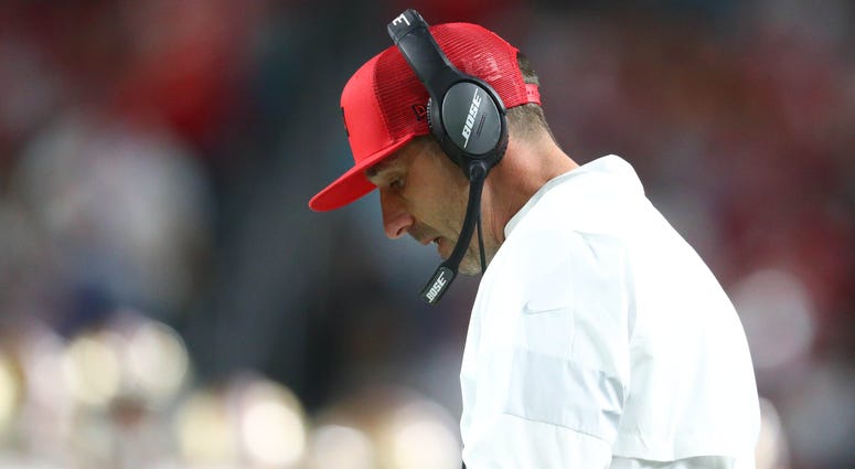 Feb 2, 2020; Miami Gardens, Florida, USA; San Francisco 49ers head coach Kyle Shanahan in Super Bowl LIV against the Kansas City Chiefs at Hard Rock Stadium. San Francisco 49ers head coach Kyle Shanahan