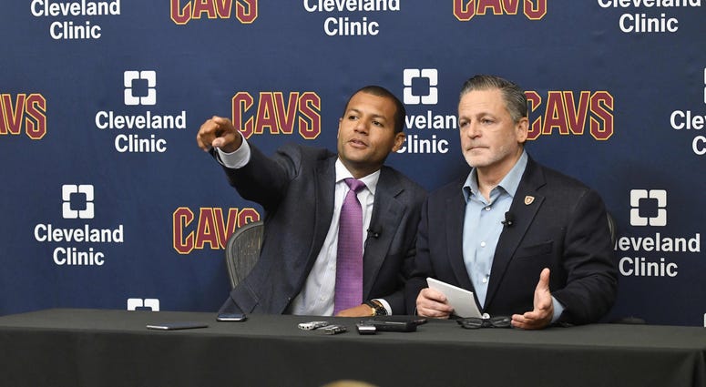 Jul 26, 2017; Cleveland, OH, USA; Cleveland Cavaliers general manager Koby Altman (L) and owner Dan Gilbert (R) speak during a press conference at Cleveland Clinic Courts. Mandatory Credit: David Richard-USA TODAY Sports Jul 26, 2017; Cleveland, OH, USA; Cleveland Cavaliers general manager Koby Altman (L) and owner Dan Gilbert (R) speak during a press conference at Cleveland Clinic Courts. Mandatory Credit: David Richard-USA TODAY Sports