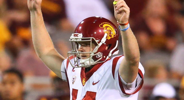 Southern California Trojans quarterback Sam Darnold (14) celebrates a play against the Arizona State Sun Devils at Sun Devil Stadium Southern California Trojans quarterback Sam Darnold (14) celebrates a play against the Arizona State Sun Devils at Sun Devil Stadium