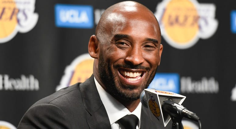 Dec 18, 2017; Los Angeles, CA, USA; Former Lakers player Kobe Bryant speaks to the media prior to the Lakers' game against the Golden State Warriors at Staples Center. Bryant's numbers 8 and 24 were to be retired during a halftime ceremony. Former Los Angeles Lakers player Kobe Bryant
