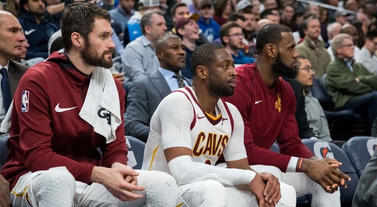 Jan 8, 2018; Minneapolis, MN, USA; Cleveland Cavaliers forward Kevin Love (left) and guard Dwyane Wade (middle) and forward LeBron James (right) sit on the bench in the fourth quarter against the Minnesota Timberwolves at Target Center. Mandatory Credit: Jan 8, 2018; Minneapolis, MN, USA; Cleveland Cavaliers forward Kevin Love (left) and guard Dwyane Wade (middle) and forward LeBron James (right) sit on the bench in the fourth quarter against the Minnesota Timberwolves at Target Center. Mandatory Credit: