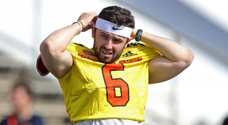 Jan 24, 2018; Mobile, AL, USA; North Squad quarterback Baker Mayfield of Oklahoma (6) during Senior bowl practice at Ladd-Peebles Stadium. Mandatory Credit: Chuck Cook-USA TODAY Sports Jan 24, 2018; Mobile, AL, USA; North Squad quarterback Baker Mayfield of Oklahoma (6) during Senior bowl practice at Ladd-Peebles Stadium. Mandatory Credit: Chuck Cook-USA TODAY Sports