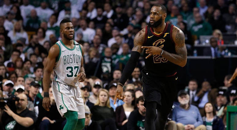 Feb 11, 2018; Boston, MA, USA; Cleveland Cavaliers forward LeBron James (23) celebrates after a basket as Boston Celtics forward Semi Ojeleye (37) looks on during the third quarter of Cleveland's 121- 99 win at TD Garden. Feb 11, 2018; Boston, MA, USA; Cleveland Cavaliers forward LeBron James (23) celebrates after a basket as Boston Celtics forward Semi Ojeleye (37) looks on during the third quarter of Cleveland's 121- 99 win at TD Garden.