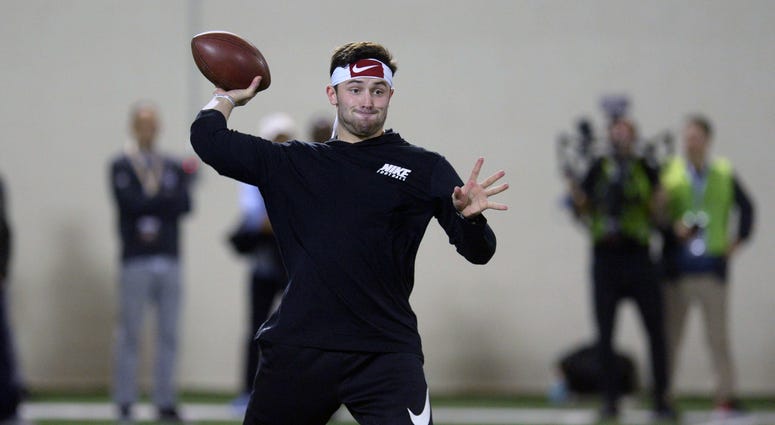 Mar 14, 2018; Stillwater, OK, USA; Oklahoma quarterback Baker Mayfield participates in passing drills during Pro Day at Everestt Training Center. Mandatory Credit: Mark D. Smith-USA TODAY Sports Mar 14, 2018; Stillwater, OK, USA; Oklahoma quarterback Baker Mayfield participates in passing drills during Pro Day at Everestt Training Center. Mandatory Credit: Mark D. Smith-USA TODAY Sports