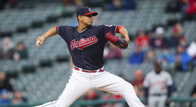 Apr 11, 2018; Cleveland, OH, USA; Cleveland Indians starting pitcher Carlos Carrasco (59) throws a pitch to the Detroit Tigers in the first inning at Progressive Field. Apr 11, 2018; Cleveland, OH, USA; Cleveland Indians starting pitcher Carlos Carrasco (59) throws a pitch to the Detroit Tigers in the first inning at Progressive Field.