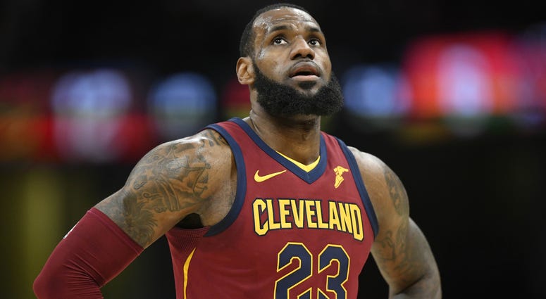 Cavaliers forward LeBron James (23) reacts in the first quarter against the New York Knicks at Quicken Loans Arena. Cavaliers forward LeBron James (23) reacts in the first quarter against the New York Knicks at Quicken Loans Arena.