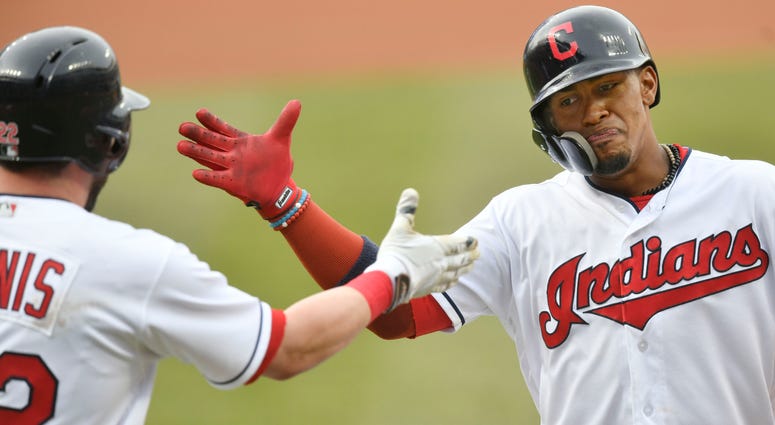 Apr 12, 2018; Cleveland, OH, USA; Cleveland Indians shortstop Francisco Lindor (12) celebrates his solo home run with second baseman Jason Kipnis (22) in the first inning against the Detroit Tigers at Progressive Field. Apr 12, 2018; Cleveland, OH, USA; Cleveland Indians shortstop Francisco Lindor (12) celebrates his solo home run with second baseman Jason Kipnis (22) in the first inning against the Detroit Tigers at Progressive Field.