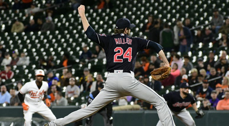Apr 23, 2018; Baltimore, MD, USA; Cleveland Indians relief pitcher Andrew Miller (24) pitches during the eighth inning against the Baltimore Orioles at Oriole Park at Camden Yards. Cleveland Indians defeated Baltimore Orioles 2-1. Apr 23, 2018; Baltimore, MD, USA; Cleveland Indians relief pitcher Andrew Miller (24) pitches during the eighth inning against the Baltimore Orioles at Oriole Park at Camden Yards. Cleveland Indians defeated Baltimore Orioles 2-1.