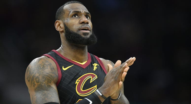 Cavaliers forward LeBron James (23) reacts in the first quarter against the Indiana Pacers in game five of the first round of the 2018 NBA Playoffs at Quicken Loans Arena Cavaliers forward LeBron James (23) reacts in the first quarter against the Indiana Pacers in game five of the first round of the 2018 NBA Playoffs at Quicken Loans Arena