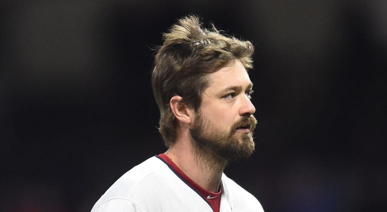 Apr 25, 2018; Cleveland, OH, USA; Cleveland Indians relief pitcher Andrew Miller (24) walks to the dugout after being inured during the seventh inning against the Chicago Cubs at Progressive Field. Apr 25, 2018; Cleveland, OH, USA; Cleveland Indians relief pitcher Andrew Miller (24) walks to the dugout after being inured during the seventh inning against the Chicago Cubs at Progressive Field.