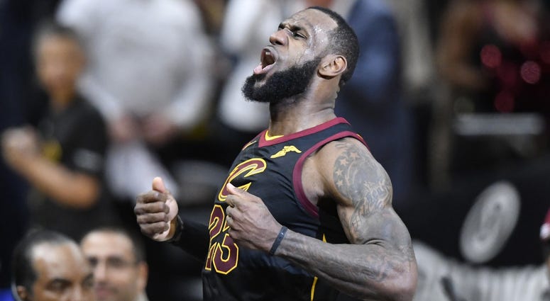 Apr 25, 2018; Cleveland, OH, USA; Cleveland Cavaliers forward LeBron James (23) celebrates his game-winning three-point basket in the fourth quarter against the Indiana Pacers in game five of the first round of the 2018 NBA Playoffs at Quicken Loans Arena Apr 25, 2018; Cleveland, OH, USA; Cleveland Cavaliers forward LeBron James (23) celebrates his game-winning three-point basket in the fourth quarter against the Indiana Pacers in game five of the first round of the 2018 NBA Playoffs at Quicken Loans Arena