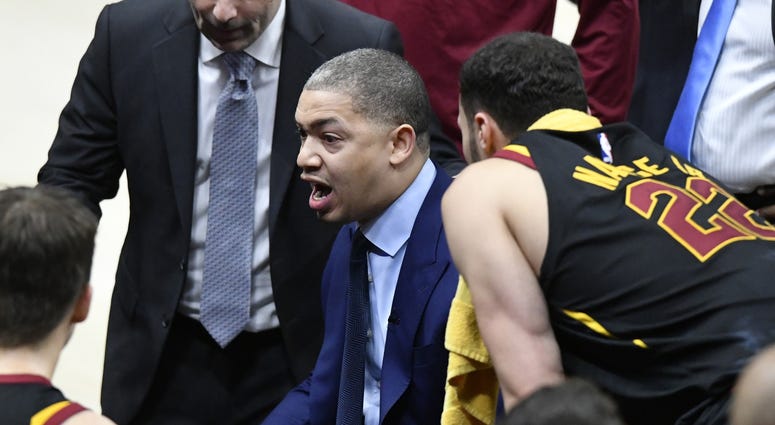 Cavaliers head coach Tyronn Lue calls a play during a timeout in the fourth quarter in game five of the first round of the 2018 NBA Playoffs at Quicken Loans Arena Cavaliers head coach Tyronn Lue calls a play during a timeout in the fourth quarter in game five of the first round of the 2018 NBA Playoffs at Quicken Loans Arena
