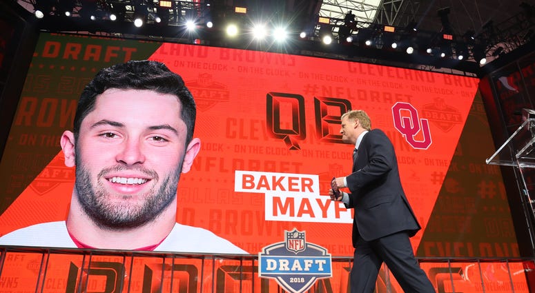NFL commissioner commissioner Roger Goodell walks off stage as Baker Mayfield is selected as the number one overall pick to the Cleveland Browns in the first round of the 2018 NFL Draft at AT&T Stadium NFL commissioner commissioner Roger Goodell walks off stage as Baker Mayfield is selected as the number one overall pick to the Cleveland Browns in the first round of the 2018 NFL Draft at AT&T Stadium