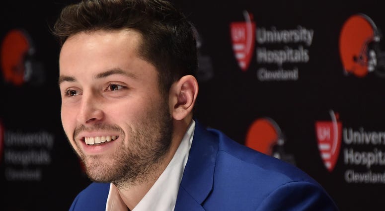 Cleveland Browns first round and overall number one pick in the NFL draft Baker Mayfield answers questions during a press conference at the Cleveland Browns training facility Cleveland Browns first round and overall number one pick in the NFL draft Baker Mayfield answers questions during a press conference at the Cleveland Browns training facility