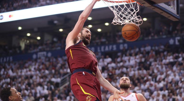 May 3, 2018; Toronto, Ontario, CAN; Cleveland Cavaliers forward Kevin Love (0) dunks the ball against the Toronto Raptors in game two of the second round of the 2018 NBA Playoffs at Air Canada Centre. Mandatory Credit: Tom Szczerbowski-USA TODAY Sports May 3, 2018; Toronto, Ontario, CAN; Cleveland Cavaliers forward Kevin Love (0) dunks the ball against the Toronto Raptors in game two of the second round of the 2018 NBA Playoffs at Air Canada Centre. Mandatory Credit: Tom Szczerbowski-USA TODAY Sports