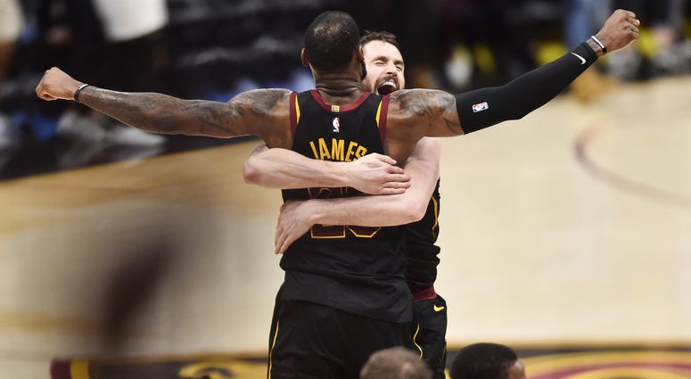 May 5, 2018; Cleveland, OH, USA; Cleveland Cavaliers forward LeBron James (23) and center Kevin Love (0) celebrate after James hit the final shot to win the game against the Toronto Raptors in game three of the second round of the 2018 NBA Playoffs at Qui May 5, 2018; Cleveland, OH, USA; Cleveland Cavaliers forward LeBron James (23) and center Kevin Love (0) celebrate after James hit the final shot to win the game against the Toronto Raptors in game three of the second round of the 2018 NBA Playoffs at Qui