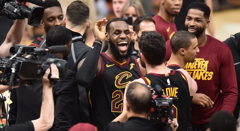 May 5, 2018; Cleveland, OH, USA; Cleveland Cavaliers forward LeBron James (23) celebrates teammates after hitting the final basket to win the game against the Toronto Raptors in game three of the second round of the NBA Playoffs at Quicken Loans Arena. May 5, 2018; Cleveland, OH, USA; Cleveland Cavaliers forward LeBron James (23) celebrates teammates after hitting the final basket to win the game against the Toronto Raptors in game three of the second round of the NBA Playoffs at Quicken Loans Arena.