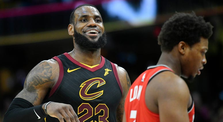 May 7, 2018; Cleveland, OH, USA; Cleveland Cavaliers forward LeBron James (23) reacts beside Toronto Raptors guard Kyle Lowry (7) in the third quarter in game four of the second round of the 2018 NBA Playoffs at Quicken Loans Arena. May 7, 2018; Cleveland, OH, USA; Cleveland Cavaliers forward LeBron James (23) reacts beside Toronto Raptors guard Kyle Lowry (7) in the third quarter in game four of the second round of the 2018 NBA Playoffs at Quicken Loans Arena.