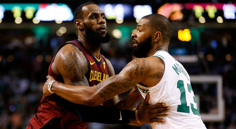 Celtics forward Marcus Morris (13) defends Cleveland Cavaliers forward LeBron James (23) during the second quarter of game two of the Eastern conference finals of the 2018 NBA Playoffs at TD Garden. Celtics forward Marcus Morris (13) defends Cleveland Cavaliers forward LeBron James (23) during the second quarter of game two of the Eastern conference finals of the 2018 NBA Playoffs at TD Garden.