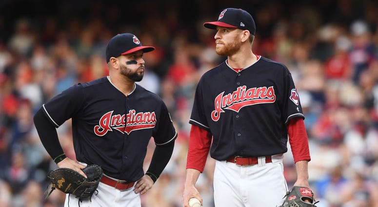 May 24, 2018; Cleveland, OH, USA; Cleveland Indians first baseman Yonder Alonso (17) and relief pitcher Neil Ramirez (58) react on the mound as Ramirez is relieved during the sixth inning against the Houston Astros at Progressive Field. May 24, 2018; Cleveland, OH, USA; Cleveland Indians first baseman Yonder Alonso (17) and relief pitcher Neil Ramirez (58) react on the mound as Ramirez is relieved during the sixth inning against the Houston Astros at Progressive Field.