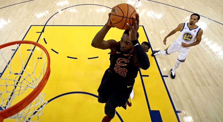 Cleveland Cavaliers forward Jeff Green (32) shoots the ball against Golden State Warriors forward Draymond Green (23) in game one of the 2018 NBA Finals at Oracle Arena. Cleveland Cavaliers forward Jeff Green (32) shoots the ball against Golden State Warriors forward Draymond Green (23) in game one of the 2018 NBA Finals at Oracle Arena.