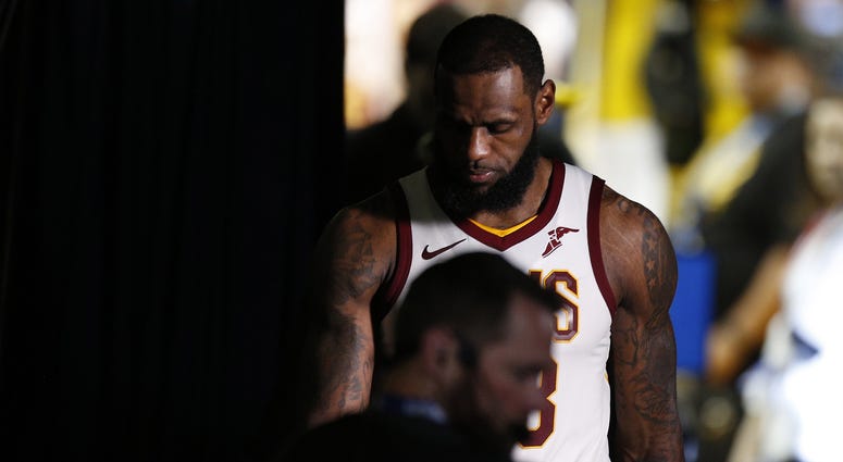 Cleveland Cavaliers forward LeBron James (23) reacts following the 122-103 loss against the Golden State Warriors in game two of the 2018 NBA Finals at Oracle Arena. Cleveland Cavaliers forward LeBron James (23) reacts following the 122-103 loss against the Golden State Warriors in game two of the 2018 NBA Finals at Oracle Arena.