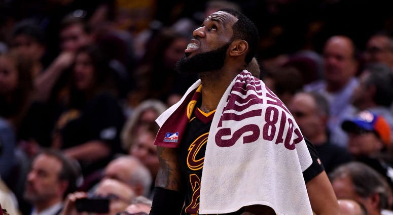 Cleveland Cavaliers forward LeBron James (23) sits on the bench during the fourth quarter against the Golden State Warriors in game four of the 2018 NBA Finals at Quicken Loans Arena. Cleveland Cavaliers forward LeBron James (23) sits on the bench during the fourth quarter against the Golden State Warriors in game four of the 2018 NBA Finals at Quicken Loans Arena.