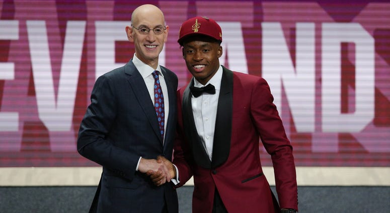Jun 21, 2018; Brooklyn, NY, USA; Collin Sexton (Alabama) greets NBA commissioner Adam Silver after being selected as the number eight overall pick to the Cleveland CAvaliers in the first round of the 2018 NBA Draft at the Barclays Center. Mandatory Credit Jun 21, 2018; Brooklyn, NY, USA; Collin Sexton (Alabama) greets NBA commissioner Adam Silver after being selected as the number eight overall pick to the Cleveland CAvaliers in the first round of the 2018 NBA Draft at the Barclays Center. Mandatory Credit