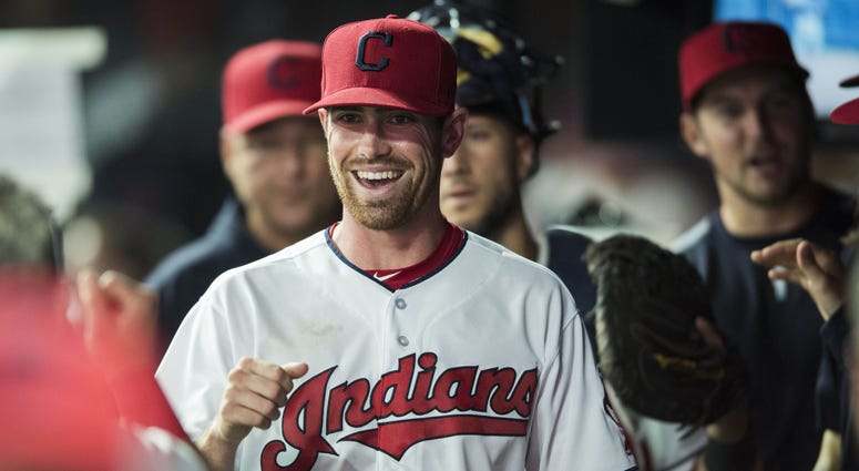 Cleveland Indians starting pitcher Shane Bieber (57) celebrates after the Indians turned a double play to end the sixth inning against the Detroit Tigers at Progressive Field. Cleveland Indians starting pitcher Shane Bieber (57) celebrates after the Indians turned a double play to end the sixth inning against the Detroit Tigers at Progressive Field.